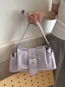Bolso de hombro de moda dulce para dama, bolso de estilo coreano fresco para llevar bajo el brazo con remaches, hebilla, forma cuadrada, diseño plisado, gran capacidad - Púrpura malva - Ver 3