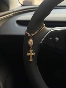 Vintage Rhinestone Virgin Mary Cross Car Hanging Ornament, Luxury Gold Chain Rearview Mirror Pendant, Unique Niche Car Interior Decor - A - View 9