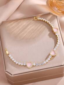 1/3Pcs Fashion 16K Gold Plated Heart Open Bangle Bracelet With Copper Inlaid Artificial Zirconia Pink Heart Bracelet Chain Set, Women's Personalized Jewelry Combination, Suitable For Women's Daily Wear, Music Festival Party Gift - Gold - View 5