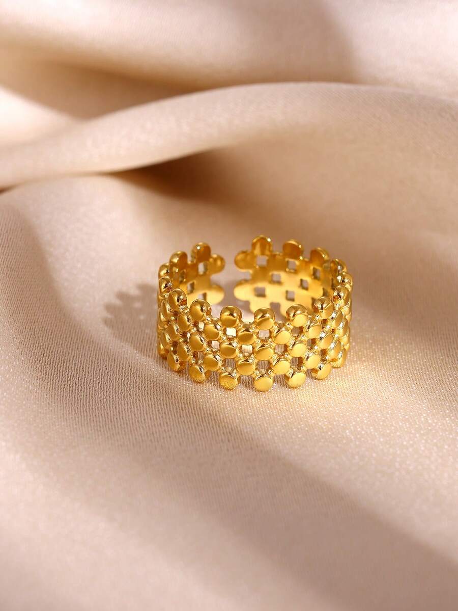 1PC Vintage Textured Multi Row Ball Bead Rings For Women Gold Color Stainless Steel Multi-Layer Beaded Open Ring Wide Band Stackable Finger Jewelry - Multicolor - View 1