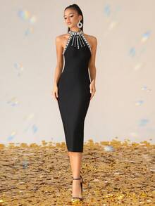 Love Aing Black Sleeveless Bandage Maxi Dress Hand Sparkle Rhinestone, Luxury Evening Gown For Party Wedding Guest Stage & Autumn - Black - View 5