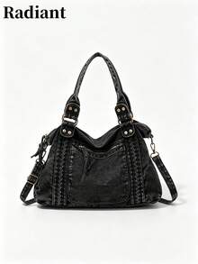 Bolso Tote de Mezclilla Lavada para Mujer con Ribete Trenzado, Remaches Metálicos, Correa Cruzada Desmontable, Gran Capacidad, Vintage Casual para Escuela, Uso Diario, Compras y Viajes - Negro - Ver 10