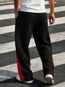 Zrgoth Men's Retro Flame Print Wide Leg Drawstring Sweatpants, Dual Side Drip Red Flame + Side Red Contrast Print, Streetwear Casual Daily Wear - Black - View 2