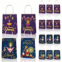 6/12pcs Happy Diwali Theme Festival Party Gift Bags, Kraft Paper Tote Bags For Diwali Celebration - Multicolor - View 1