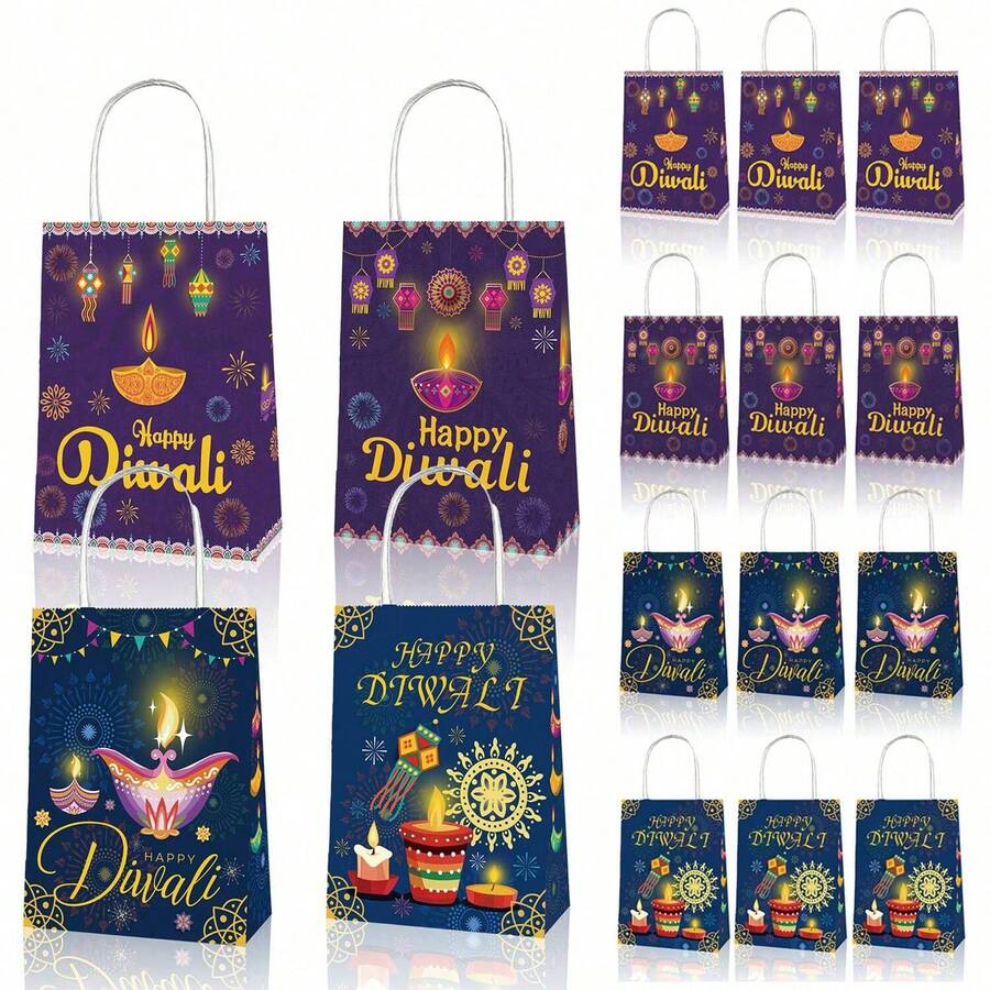 6/12pcs Happy Diwali Theme Festival Party Gift Bags, Kraft Paper Tote Bags For Diwali Celebration - Multicolor - View 1