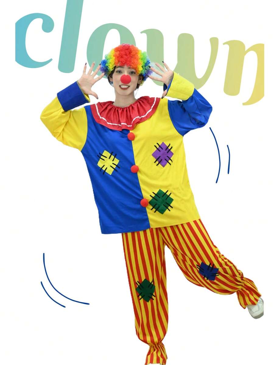 زي مهرج ملون للبالغين، ملابس حفلة السيرك للعب الأدوار في الهالوين، يشمل الشعر المستعار وأنف المهرج، مناسب للارتداء في الهالوين - أصفر - مشاهدة 1