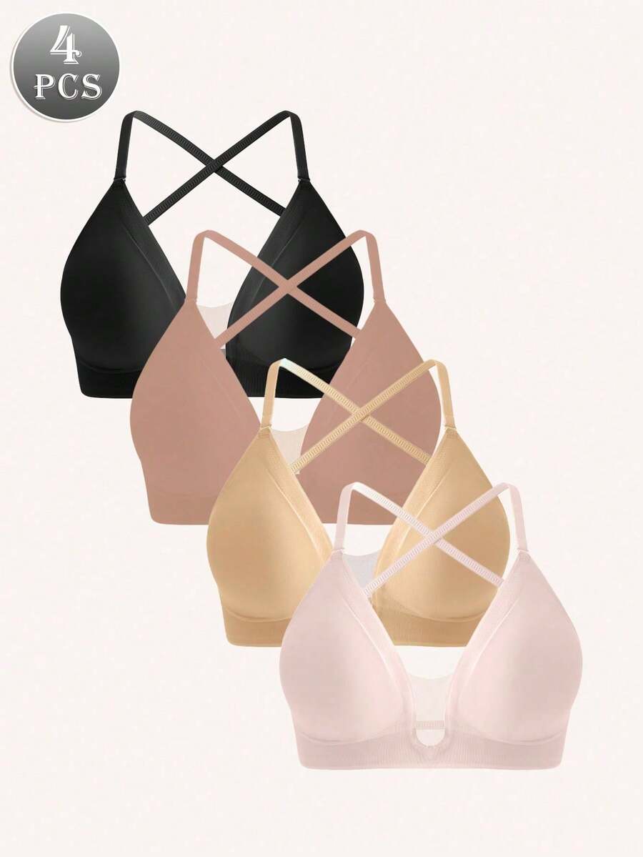 4pcs Women's Cross Back Wireless Padded Bra, Black, Apricot, Nude, Pink, Ribbed Soft Elastic Support, Minimalist Daily Lingerie Set - Multicolor - View 1