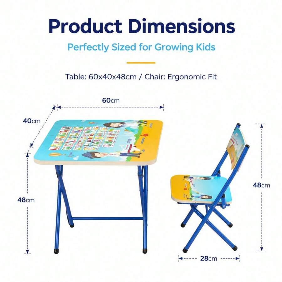 Foldable Children's Table And Chair Set With Cute Patterns, Sturdy Metal Frame, Children's Desk Suitable For Writing, Drawing, And Playing