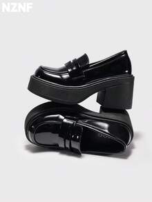 NZNF Women's Solid Color Academy Style PU Shoes With Buckle Strap, Thick Sole And Chunky Heel, Daily Commute Shoes - Black - View 7