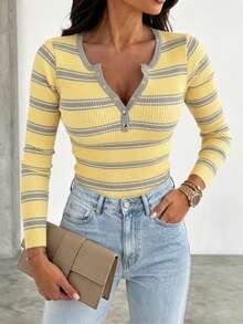 ChicMe Sweater Pullover Wanita Lengan Panjang Model Slim Fit Rajut Bergaris dengan Kancing Emas, Gaya Kasual Sehari-hari. - Kuning - View 5