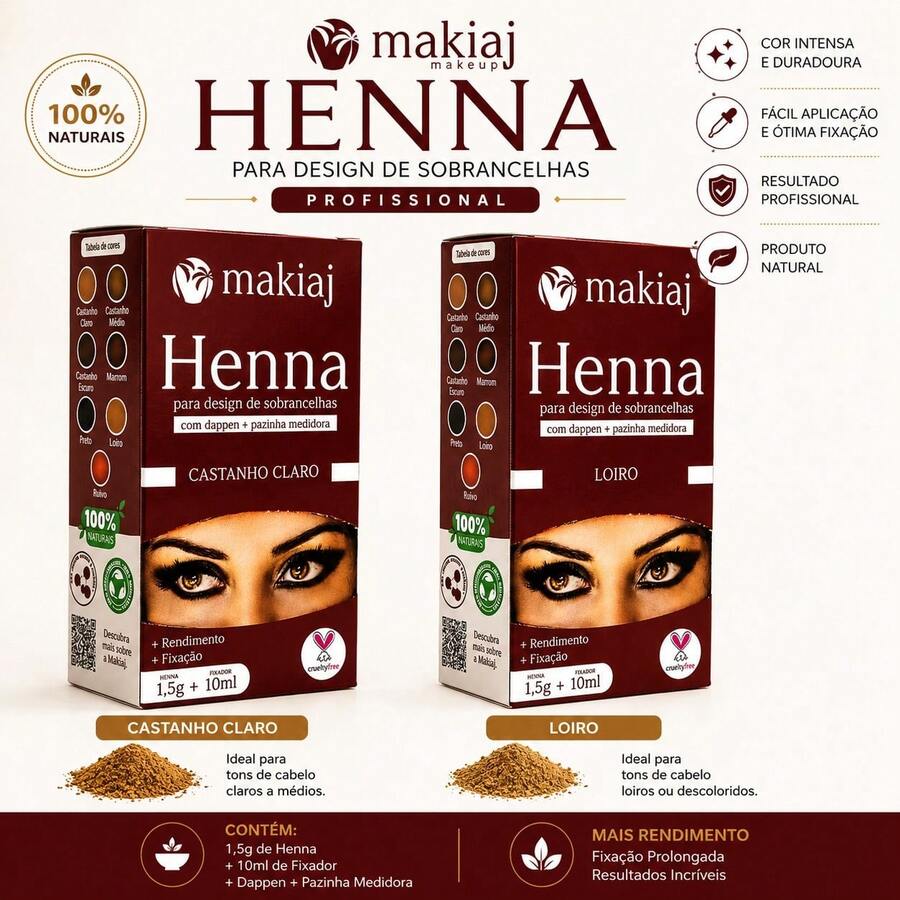 Henna para Sobrancelhas Makiaj 1,5g + Fixador 10ml + Pazinha | Cor Preto e Outras Cores - castanho claro e loiro - Visão 1