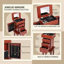 Standing Jewelry Chest 10.6" X 8.5" X 33.8" For Bedroom Dressing Room Living Room, Flip Top Mirror 3 Drawers, 4 Storage Compartments Zinc Alloy Handles 6 Necklace Hooks Wood Grain Finish 2 Side Doors-XY212648 - Multicolor - View 5