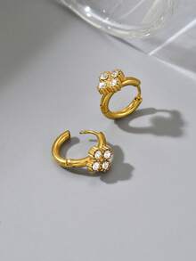 1 Pair Minimalist Stainless Steel Clover Hoop Earrings, Zirconia Clover Stud Earrings, Elegant For Women's Daily Wear And Dating - Gold - View 4