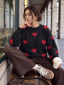 Knit Mix 優雅女款秋冬時尚法式簡約日常居家休閒寬鬆針織紅色愛心圖案圓領長袖套頭毛衣上衣 - 黑色 - 查看 7