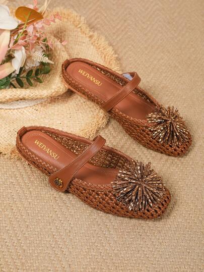 Vacation Bohemian Hollow Artificial Woven Breathable Cross Strap Mule, Plus Size Soft Sole Flat Women Shoes, Ballet And Other Occasions, Mesh Flats