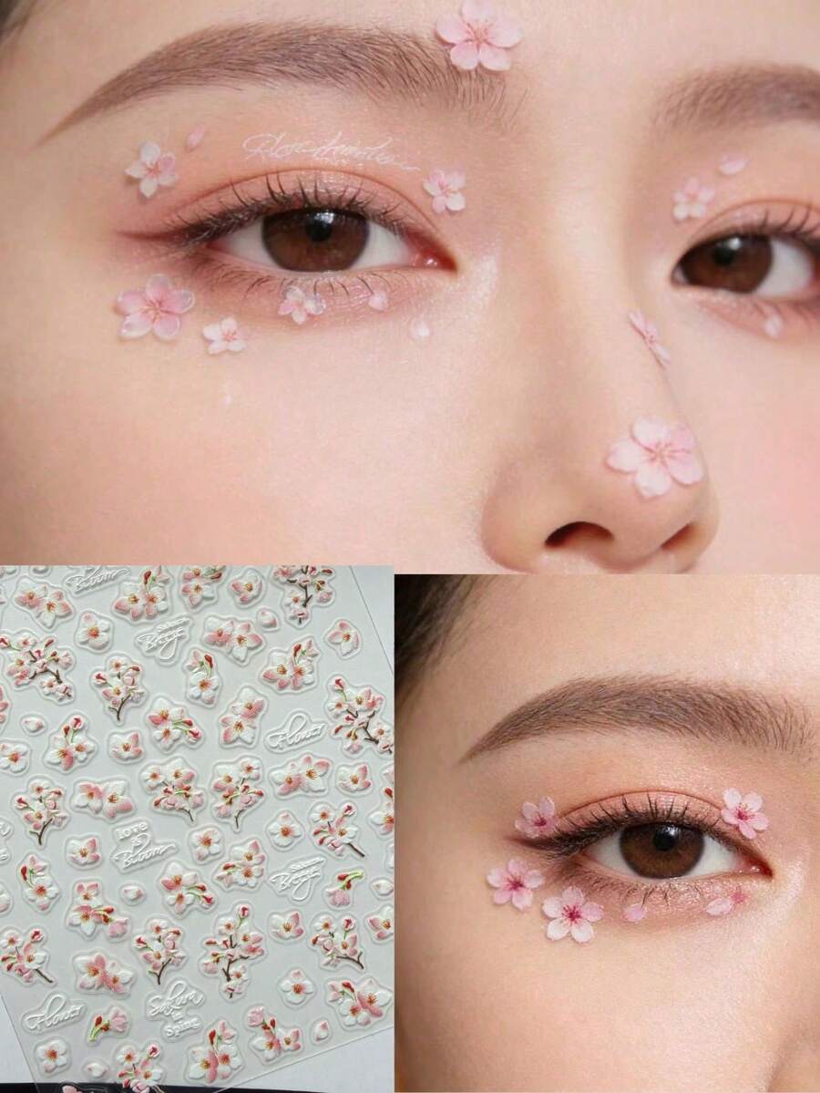 1pc Spring & Summer Cherry Blossom Face Makeup Stickers, New Pink Cherry Blossom Floral Decor Stickers For Warm Spring, Suitable For Ancient Costume Photography, Stage Performance Makeup, Self-Adhesive And Easy To Use - Multicolor - View 1