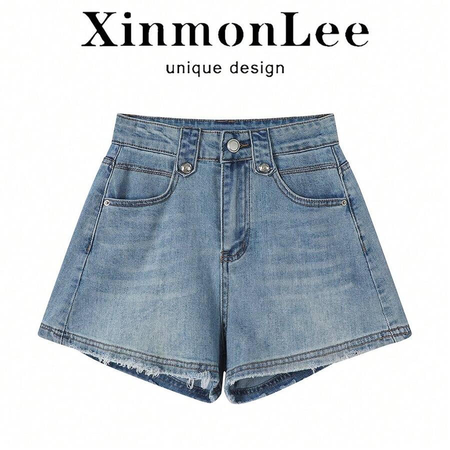 優雅設計高腰牛仔短褲,附口袋,適合夜晚約會、日常穿著、旅行、夏季 - 藍色 - 查看 1