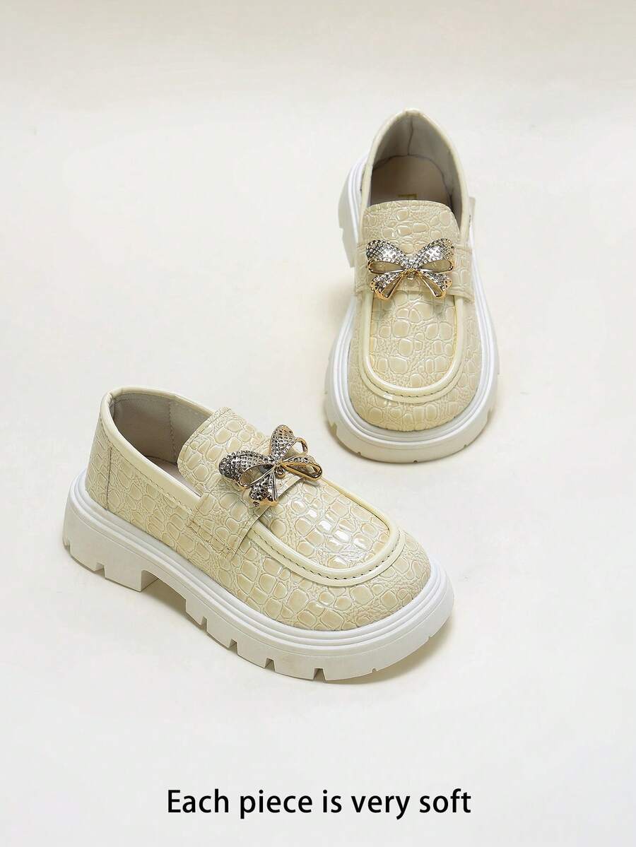 Girls' 3D Rhinestone Butterfly Textured Embossed Non-Slip Square Toe Slip-On Thick Sole Platform Loafers, British Style Fashion Shoes For School, Commuting, Birthday Party - Apricot - View 1