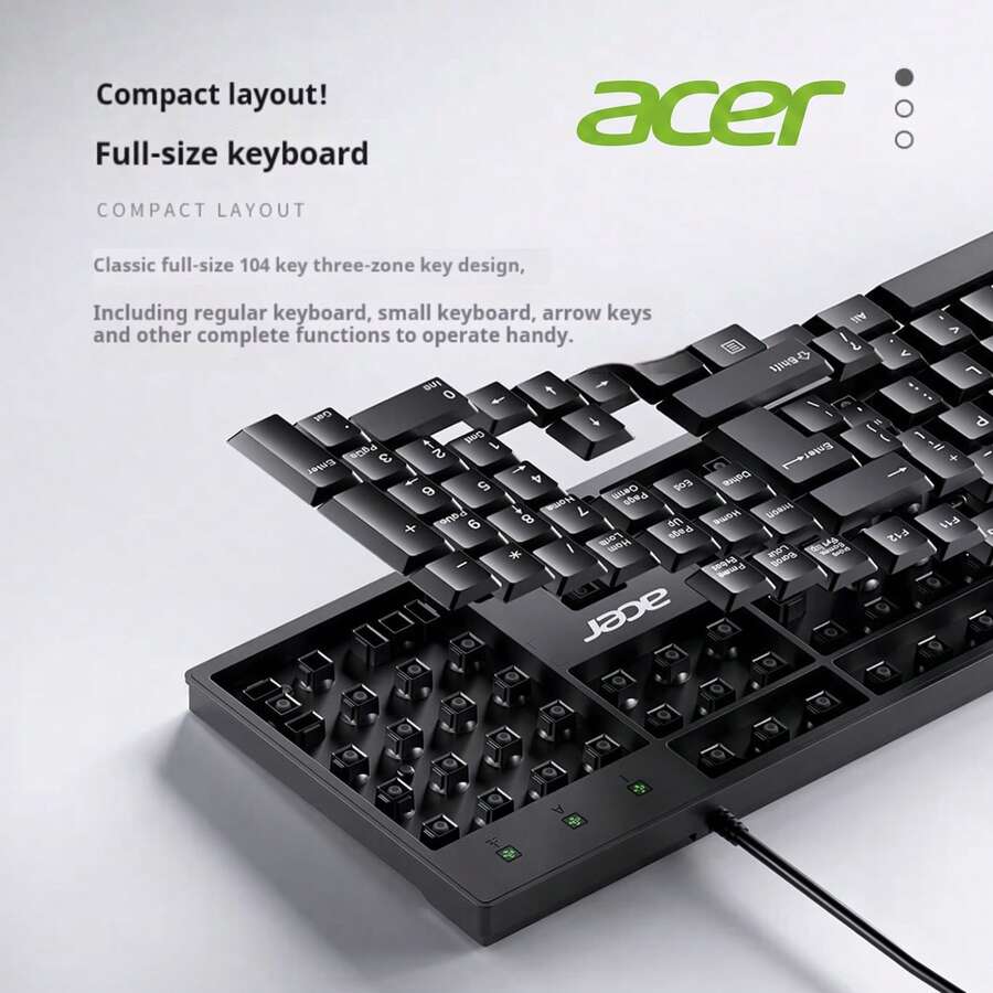 Teclado con cable Acer, teclado externo para computadora y portátil, diseño resistente a derrames, adecuado para oficina, hogar y juegos, sensación táctil sólida - Negro - Ver 1