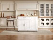 Mobile Kitchen Island With Folding Worktop, Trolley, Storage Cabinet, Bin Cabinet, Shelf Above The Door, Lockable Casters, 130 * 45 (70) * 93 Cm. - White + Wood Tone - View 2