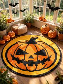 1pc Halloween Pumpkin Head Round Rug, Suitable For Living Room, Bedroom, Entryway, With Classic Pumpkin Face Print, Holiday Atmosphere Home Decor Mat, Fits Halloween Scene Arrangement, Decorative Rug, Bedroom Decor, Small Rug, Rug, Home Decor, Living Room Rug, Living Room Small Rug, Bedroom Rug, Living Room Home Decor, Outdoor Rug, Washable Rug, Suitable For Party Arrangement - Multicolor - View 3