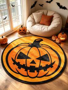 1pc Halloween Pumpkin Head Round Rug, Suitable For Living Room, Bedroom, Entryway, With Classic Pumpkin Face Print, Holiday Atmosphere Home Decor Mat, Fits Halloween Scene Arrangement, Decorative Rug, Bedroom Decor, Small Rug, Rug, Home Decor, Living Room Rug, Living Room Small Rug, Bedroom Rug, Living Room Home Decor, Outdoor Rug, Washable Rug, Suitable For Party Arrangement - Multicolor - View 5