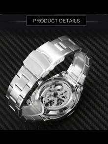 FORSINING 1pc Men's Luxury Vintage Square Transparent Hollow Automatic Mechanical Watch, Luminous Hands, Steel Band Business Casual Men's Watch - Silver - View 8