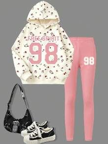 2pcs/Set Teen Girls All-Over Print Hoodie Set, Featuring Number 