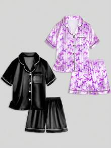 Piyama 4 Potong Motif Pita Hitam & Ungu untuk Anak Perempuan Usia 8-12 Tahun - MultiWarna - View 6