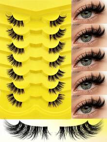 7 Pairs 12mm Clear Stem Half-Length False Eyelashes, 3/4 Outer Corner Cat Eye Style, Tail-Elongating Faux Mink Strip Lashes - Black - View 2