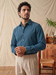 glestore Men's Retro-Style Solid-Color Long-Sleeve Casual Shirt: Corduroy, Suitable For Commuting, Leisure, And Vacations-A Versatile Style For All Seasons - Dusty Blue - View 4