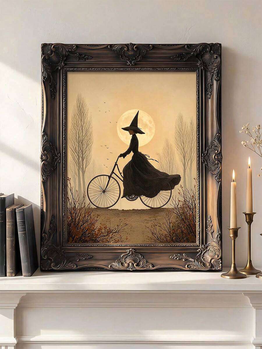 1pc Witch On Bicycle Wall Art,Halloween Silhouette Print, Witch On Swing Gothic Lantern Art, Ideal Gift,Suitable For Bedroom,Living Room,Kitchen,Wall Arts,Wall Decor,Home Decor,Room Decor,Canvas Wall Art,Posters, Wall Art With Frame,Optional Frame ﻿ - 1PCS - View 1