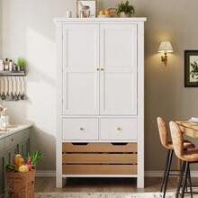Kitchen Cabinet (80 X 40 X 140 Cm), Tall Sideboard, Multifunctional Sideboard, Storage Unit With Two Doors And Five Drawers, Black And White - 白色 - 查看 4