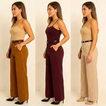Kit 3 Women's Tailored Trousers With Belt - 焦糖色/酒紅色/米色 - 查看 3