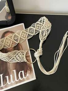1 pieza Cinturón ancho de mujer estilo vintage con cuerda trenzada hueca, anillo de metal y borla, estilo de vacaciones francesas para decoración de vestidos - Dorado - Ver 5