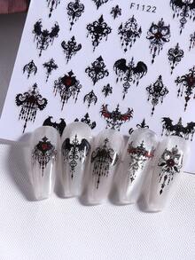4 Blätter 3D Gothic Stil Nagelaufkleber, Schwarz & Rot Vintage Dunkle Nagelaufkleber, mit Barockmustern, Fledermäusen, Turmschlössern, Kreuzen und Spitzenblumenmustern, Dunkle Hexen Punk Stil selbstklebende Nagelaufkleber, Nagelkunst Dekoration DIY Nagelbedarf - Schwarz - Übersicht 8