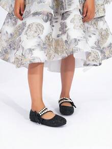 Spring/Autumn New Girls' Pearl Solid Color Fashion Minimalist Party Dance Flat Shoes - Black - View 3