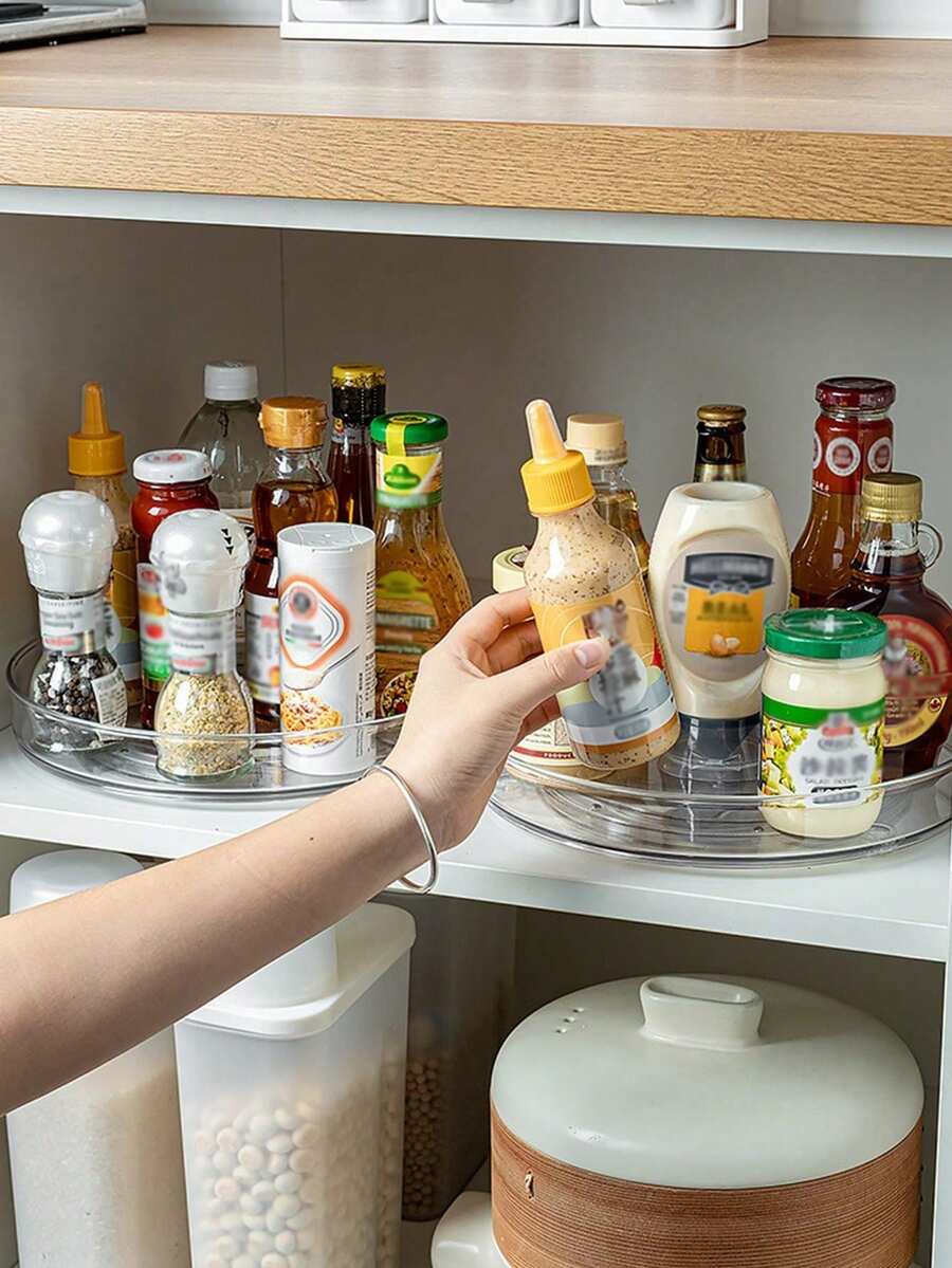 1pc Transparent Plastic Rotating Storage Basket, Multi-Functional Storage Tray, Suitable For Bathroom, Kitchen Cabinet, Spice Rack, Non-Slip 360° Rotating Tray, Used For Kitchen Storage Organization, Desktop Decoration, Also As A Holiday Gift