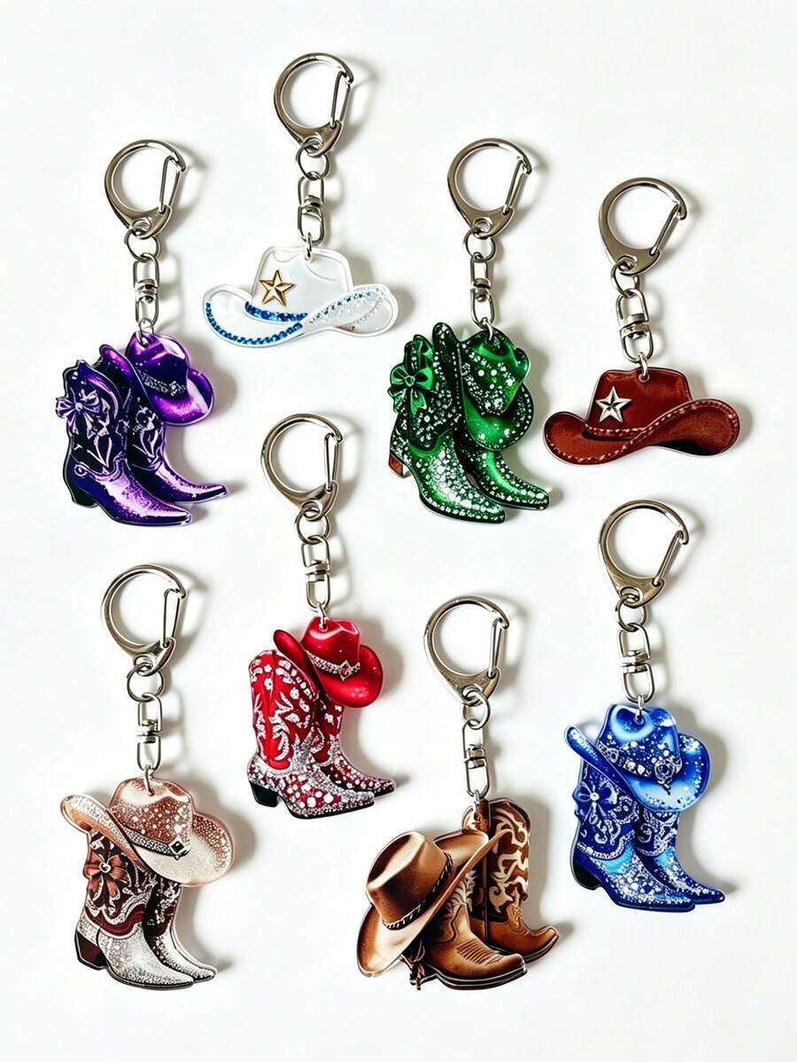 1pc/4/8pcs Cowboy Boot Hat Pendant Keychain, Western Cowboy Style, Bag Charms, Car Key Chain, Party Favor, Holiday Gifts - Multicolor - View 1