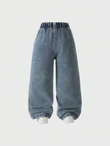 Girls' Vintage Distressed Denim Jeans With Bow Print, Elastic Waist Wide Leg Long Pants, Casual Everyday Fashion Outfit - Light Wash - View 3