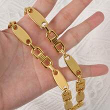 Heavy Hip-Hop Style 18K Gold-Plated Stainless Steel Geometric Oval Necklace, Suitable For Fashionable Men And Women For Daily And Party Wear - Gold - View 5