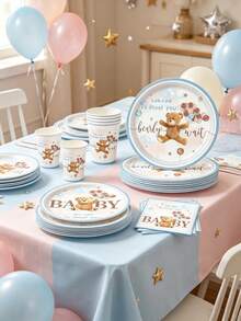 “Bearly Wait”一次性餐具套装 - 10 件套，包括 9/7 英寸餐盘、9 盎司杯子和餐巾纸，适合婴儿派对、生日派对装饰。 - 彩色 - 查看 4