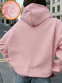 女款秋冬新款純色連帽衛衣，抽繩設計，附口袋，休閒百搭寬鬆上衣，時尚日常穿搭 - 淺粉色 - 查看 1