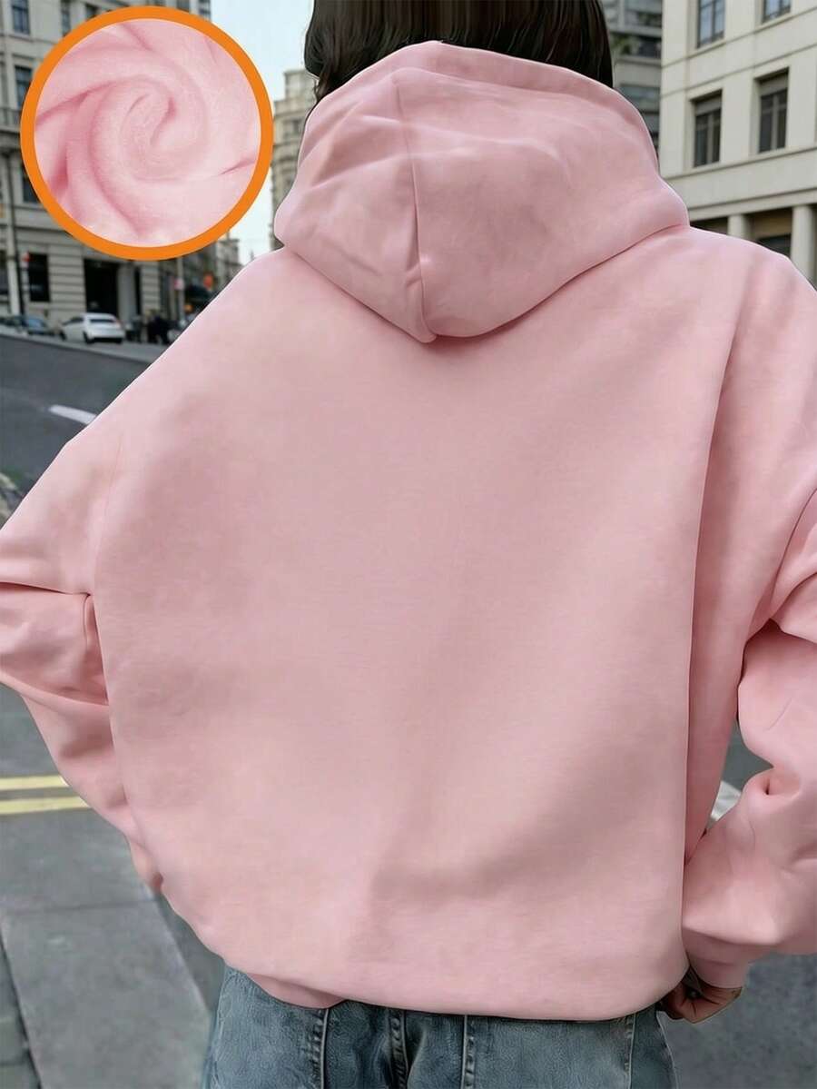女款秋冬新款純色連帽衛衣,抽繩設計,附口袋,休閒百搭寬鬆上衣,時尚日常穿搭 - 淺粉色 - 查看 1