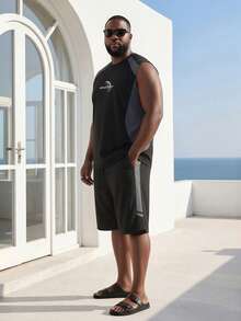Plus Size Men's Colorblock Quick-Dry Printed Sleeveless Tank Top & 5-Inch Shorts 2-Piece Set, Loose Fit Summer Workout Outfit - Black - View 3