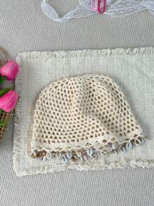 1 Peça Touca de Crochê Feita à Mão com Borla de Concha para Mulheres, Moda Primavera/Verão Fina Y2K, Touca de Crochê Tricotada com Borla, Adequada para Uso Diário, Férias, Decoração de Fotografia Boêmia - Multicolorido - Visão 16