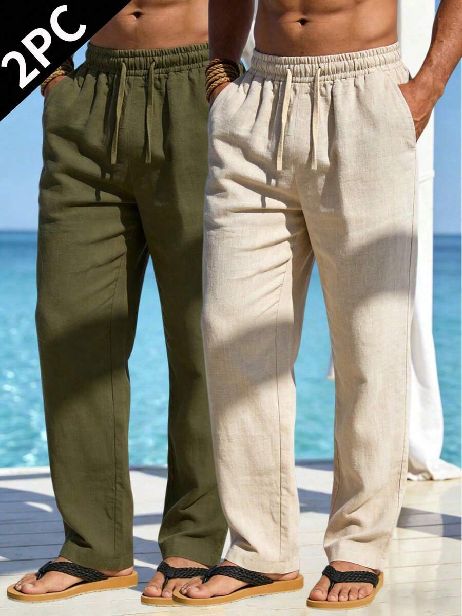Men's Spring/Summer Lightweight Casual Long Pants, Minimalist Solid Color Pocket Drawstring Pants, Comfortable Loose Linen Long Pants 2 Pieces