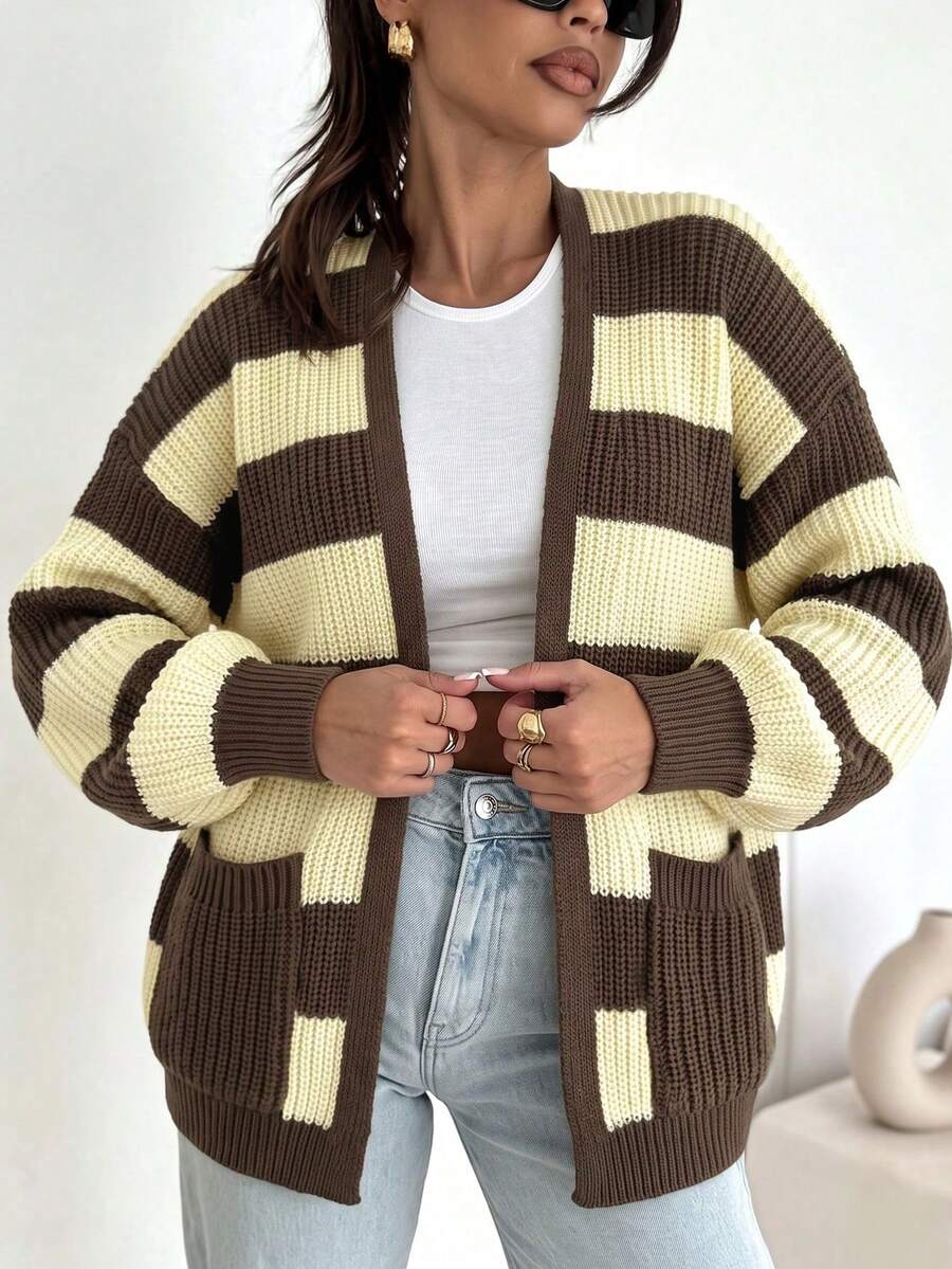 Women's Drop-Shoulder Long Sleeve Knit Sweater With Ribbed Cuffs,Color Contrast Stripes,Open Front,Front Pockets Casual Cardigan,Fall Winter Vacation - Multicolor - View 1
