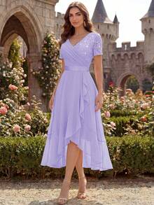 MIUSOL Rok Panjang Elegan Model Ball Party dengan Leher V, Hiasan Payet, Renda, Patchwork, dan Bahan Chiffon, Cocok untuk Tamu Pernikahan, Makan Malam, dan Acara Musim Panas. - Mauve Purple - View 7