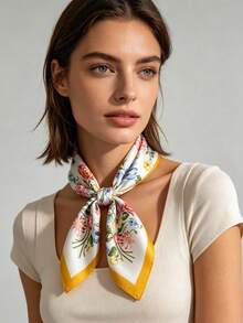 1pc 65*65cm White Base Colorful Mixed Rose Floral Print Satin Imitation Silk Scarf, Thin Multi-Use Scarf For Neck/Shawl/Waist, All Seasons Daily Party - Multicolor - View 3